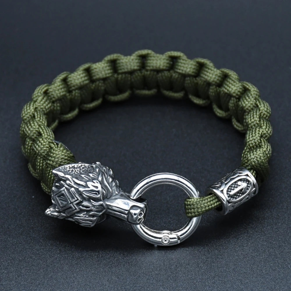 Stainless Steel Wolf Heads Bracelets Men Norse Vikings Runic Beads Survival Paracord Rope Bangles