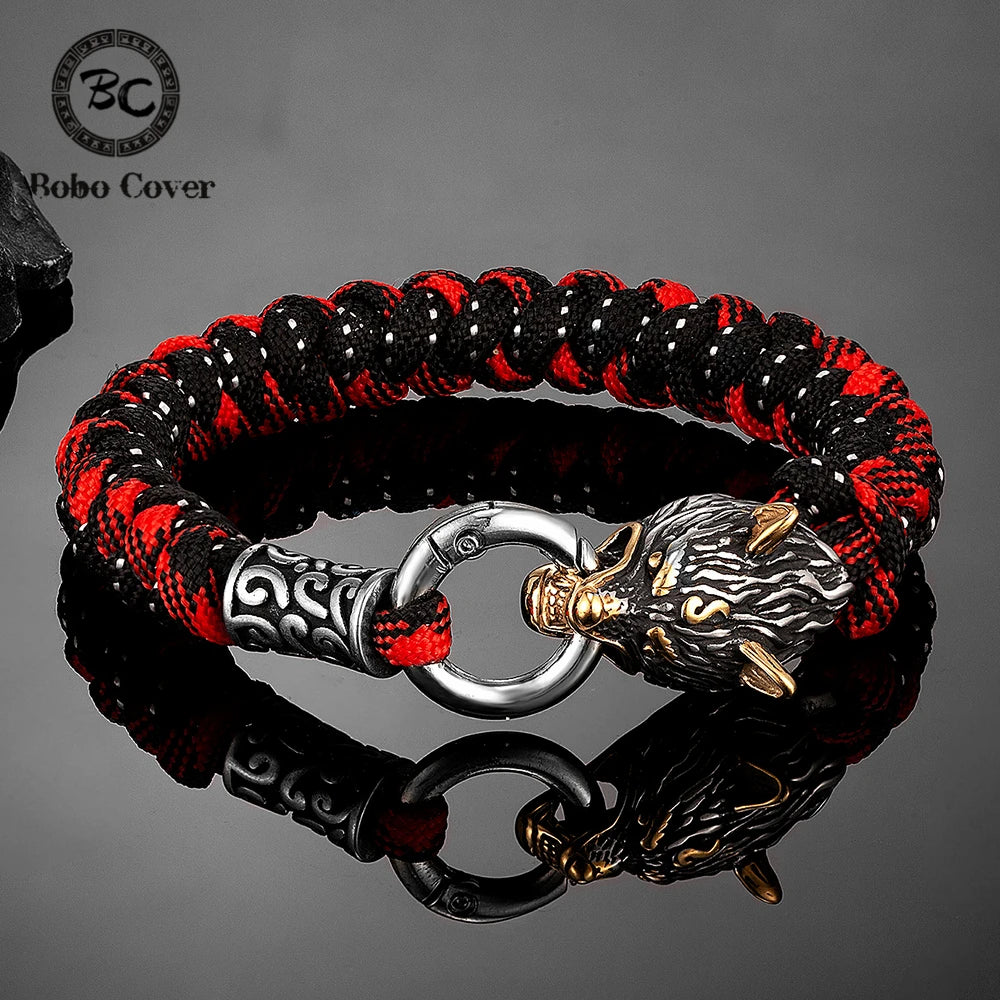 Retro Norse Odin's Wolf Survival Bracelets Men Viking Geri&Freki Stainless Steel Paracord Rope Bangles Handmade Outdoor Jewelry
