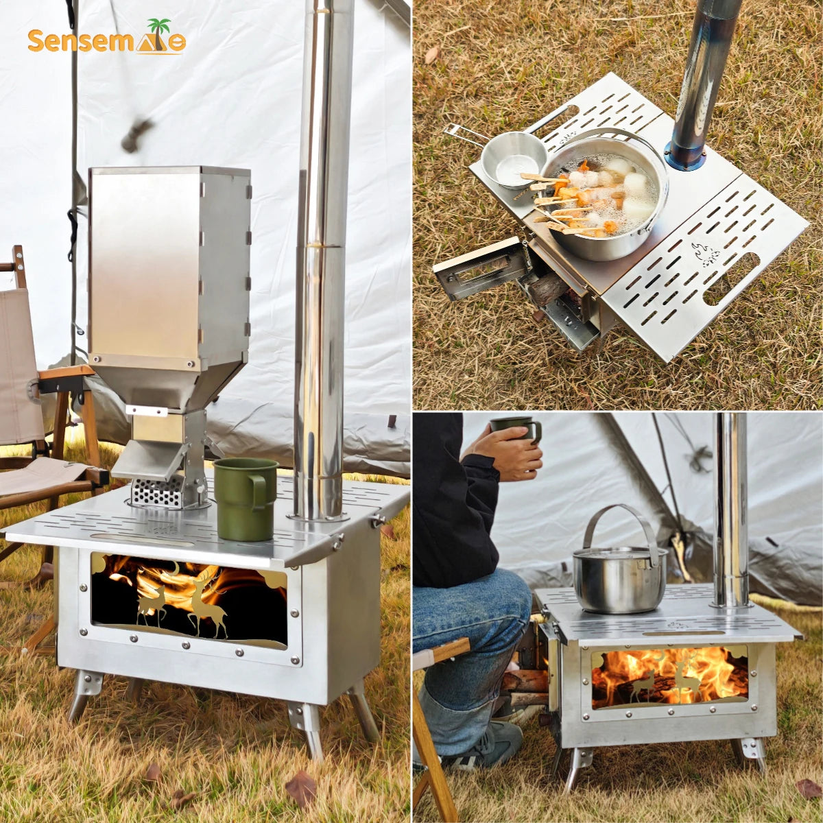 Wood Stove Camping Portable Fire Wood Heater Folding Tent Stove with Pellet Burner Stainless Chimney Outdoor Cooking Heating