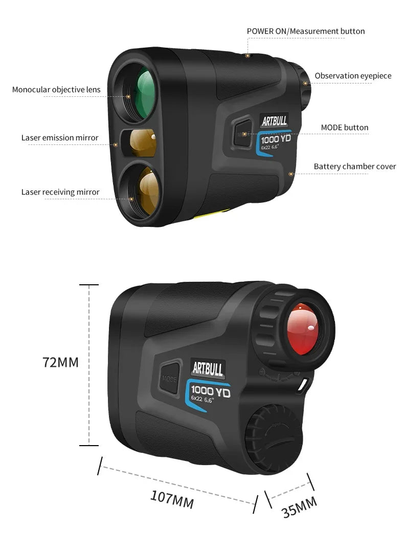 ARTBULL Laser Rangefinder Hunting Outdoor 1200M 650M Golf Rangefinder with Flag-Lock Slope Adjusted Distance Meter