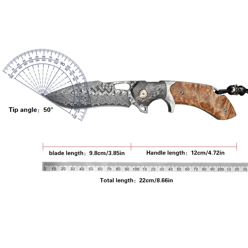 Handmade Damascus Steel Folding Pocket Knife, Men's EDC Pocket Knife with Sheath, Camping Hunting Outdoor Survival Knife