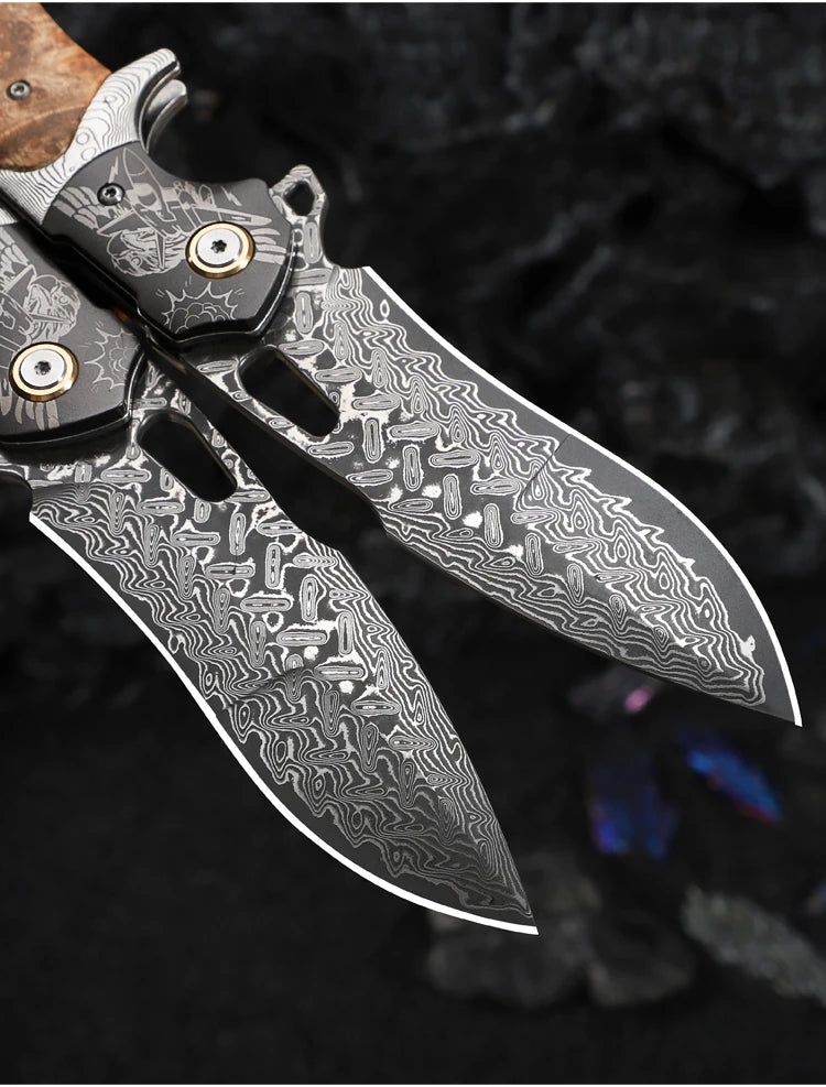 Handmade Damascus Steel Folding Pocket Knife, Men's EDC Pocket Knife with Sheath, Camping Hunting Outdoor Survival Knife