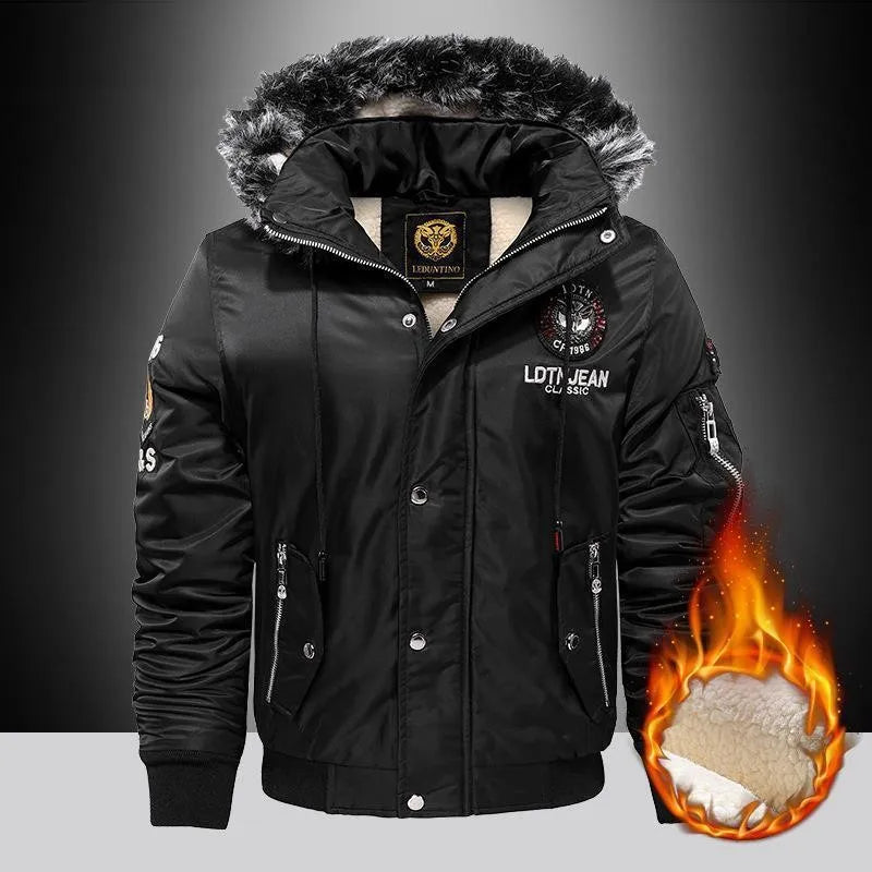 Winter Men's Black Padded Jacket Removable Hood Durable Windproof Fabric Embroidery Decorative Side Pockets Sleeve Zipper