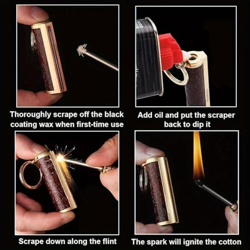 Flint Fire Starter Keychain - Metal Matchstick Lighter with Permanent Open Flame, No Oil Needed, Portable Keychain for Outdoor