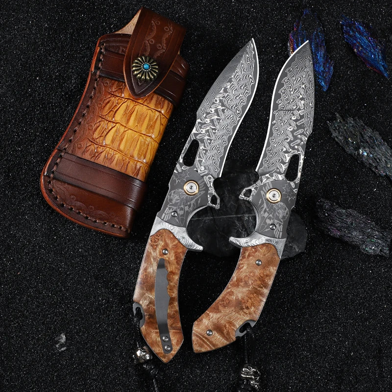 Handmade Damascus Steel Folding Pocket Knife, Men's EDC Pocket Knife with Sheath, Camping Hunting Outdoor Survival Knife