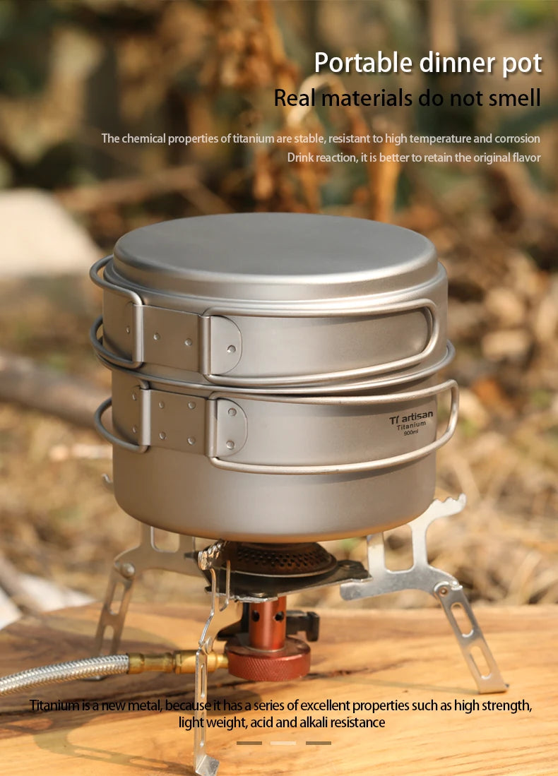 Tiartisan Titanium Folding Handle Camping Pot Frying Pan Set  Lightweight Portable Cookware Equipment For Outdoor Hiking Picnic
