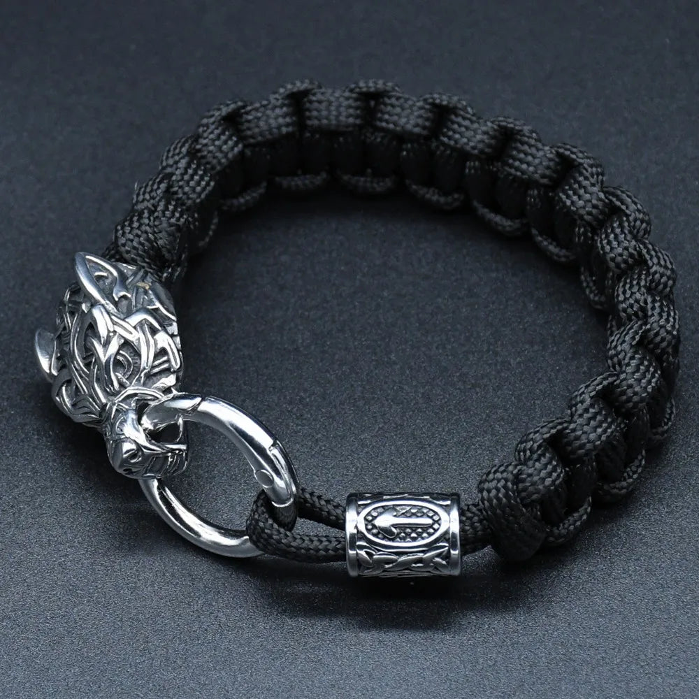 Stainless Steel Wolf Heads Bracelets Men Norse Vikings Runic Beads Survival Paracord Rope Bangles