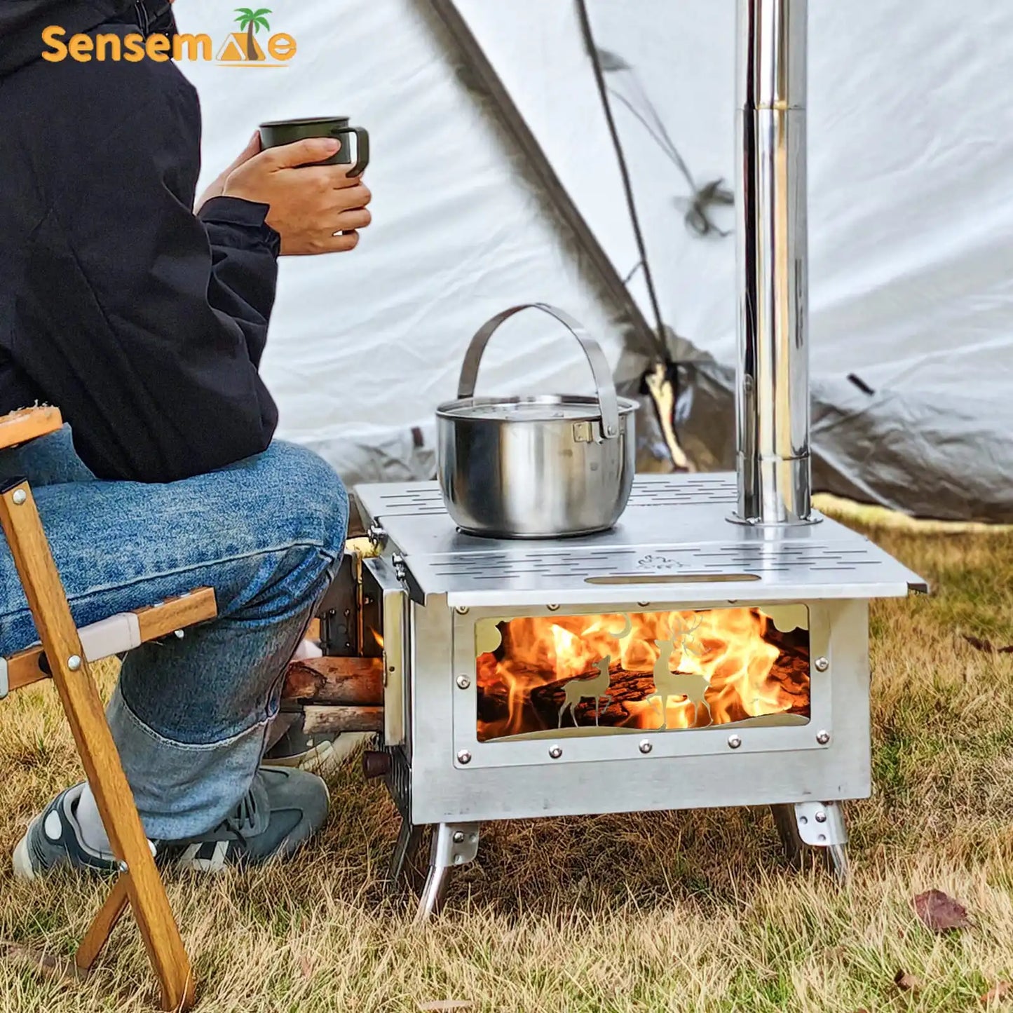 Wood Stove Camping Portable Fire Wood Heater Folding Tent Stove with Pellet Burner Stainless Chimney Outdoor Cooking Heating
