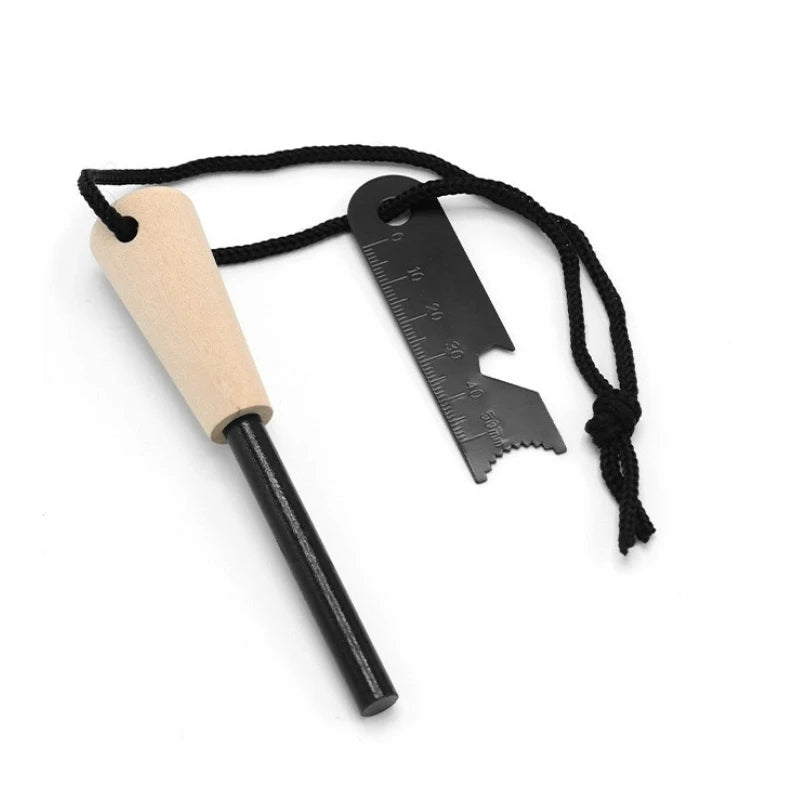 Outdoor Survival Flint Fire Starter with Wood Handle, Multi-Tool Magnesium Rod - Luminous Waterproof Camping Fire Stick