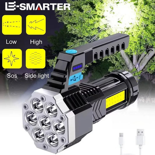 High Power Rechargeable Led Flashlights 7LED Camping Torch With Cob Side Light Lightweight Outdoor Lighting ABS Material