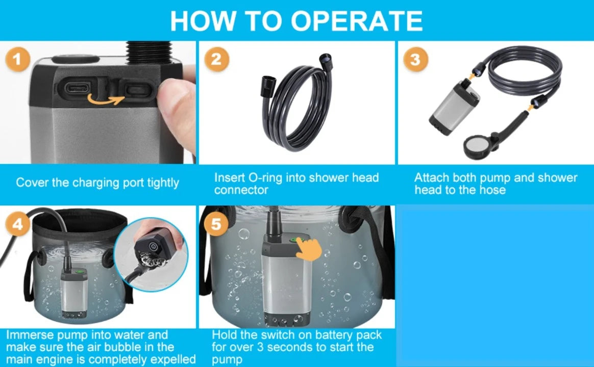 Portable Camping Shower with Rechargeable Pump - 6000mAh Outdoor Shower Kit W/ 20L Foldable Bag for Travel, Garden & Car Wash