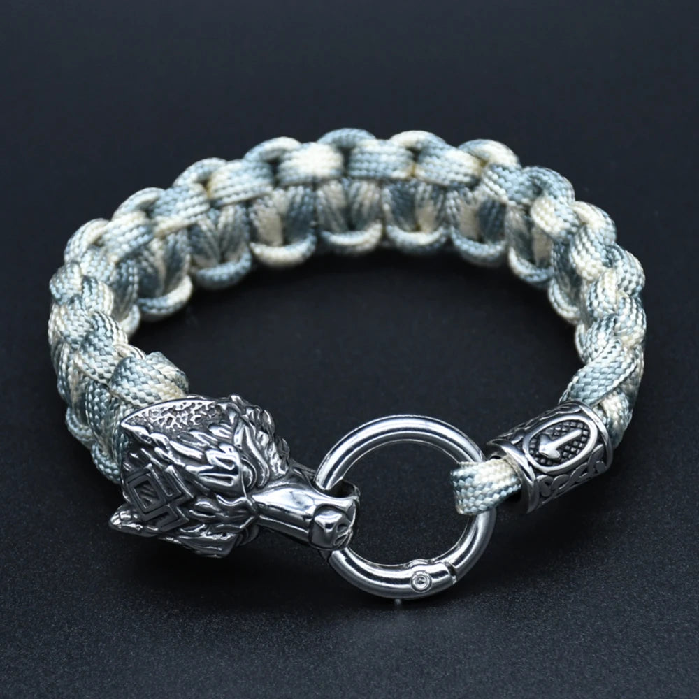 Stainless Steel Wolf Heads Bracelets Men Norse Vikings Runic Beads Survival Paracord Rope Bangles