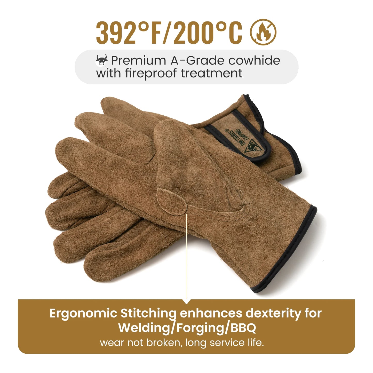OneTigris Welding Gloves Fireproof Leather Work Gloves for Men/Women Forge BBQ Camping Wood Stove Heat-Insulating Cowhide