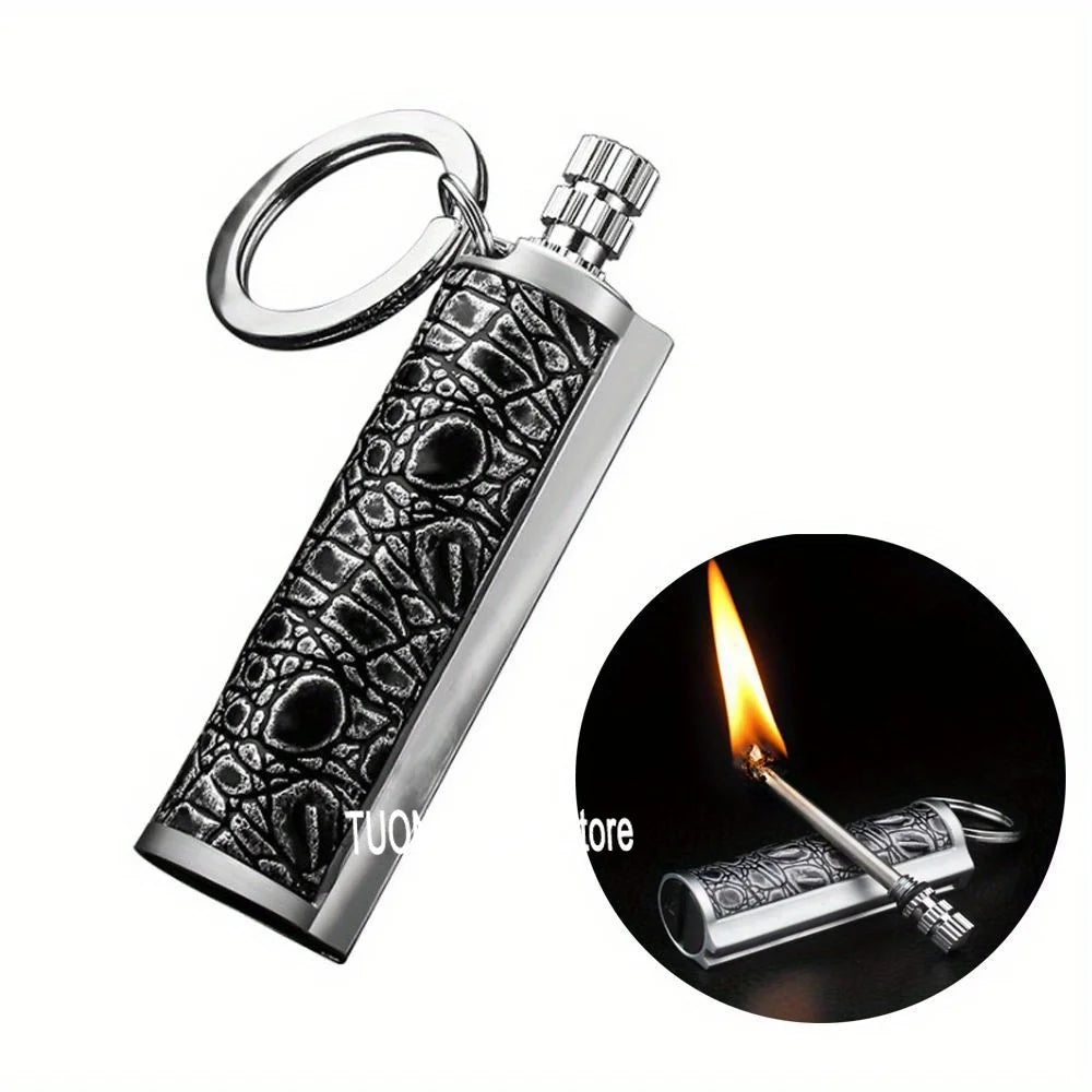 Flint Fire Starter Keychain - Metal Matchstick Lighter with Permanent Open Flame, No Oil Needed, Portable Keychain for Outdoor