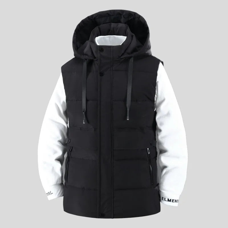 Outdoor Mens Trendy Detachable Hooded Vest Warm Down Cotton Vest Mens Winter Fashion Coat Workwear Vest Coat Thickened Waistcoat