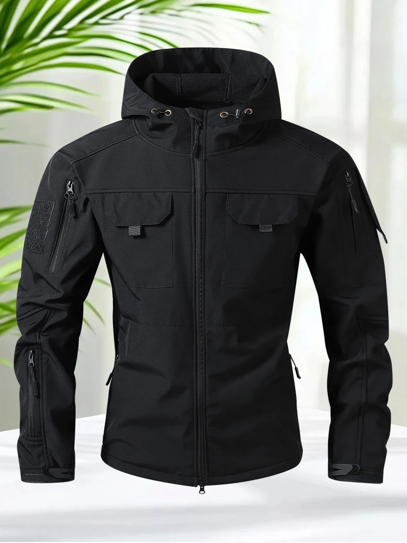 Waterproof Jacket Men Outdoor Softshell Hiking Jacket Hunting Coat Multi-Pockets Military Hooded Fleece Lined Rain Resistent