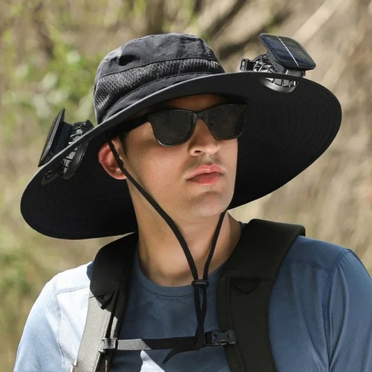 New Men's Fashion Wide Brim Solar Fan Hat UPF50+ Sun Protection with Dual Power (Solar USB) Adjustable Outdoor Beach Fishing Hat