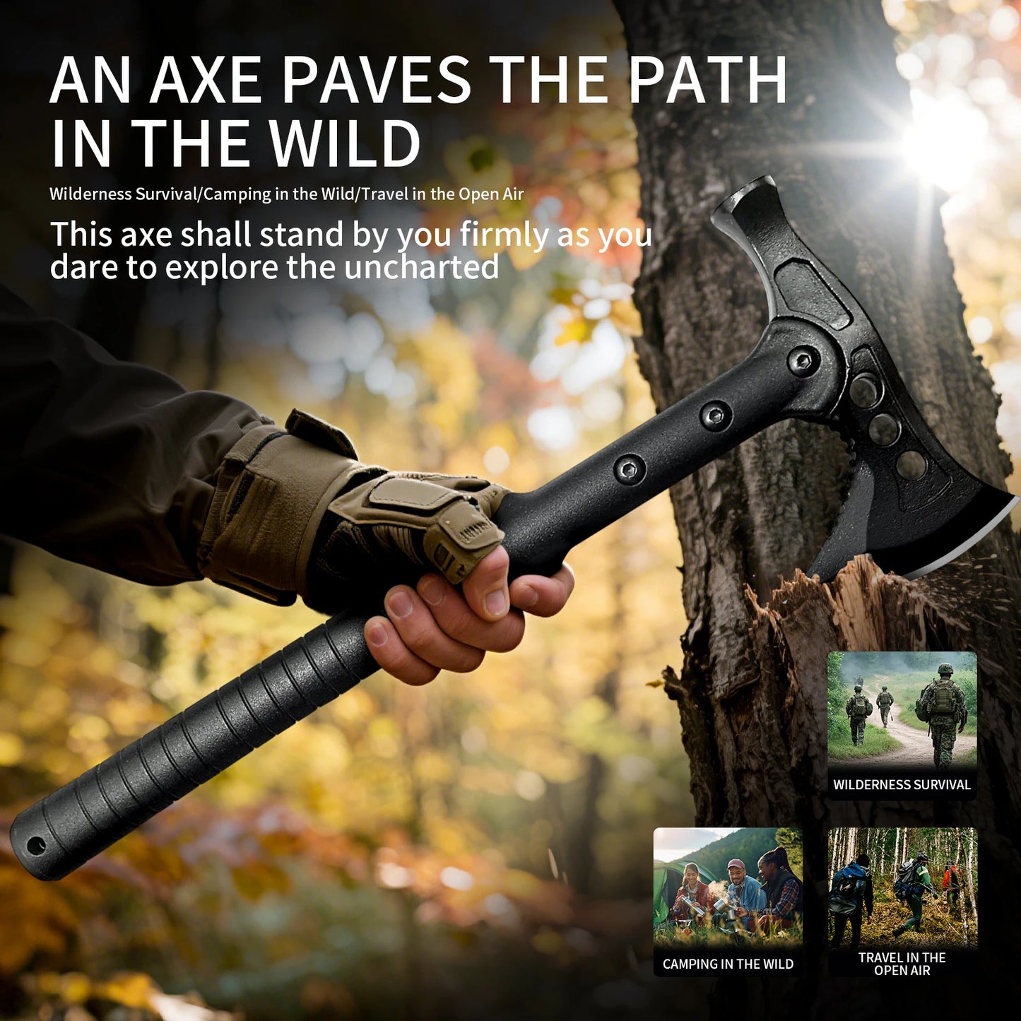 A multi-functional tactical hunting hatchet, which is also an outdoor camping and survival travel axe, and a hammer tool.