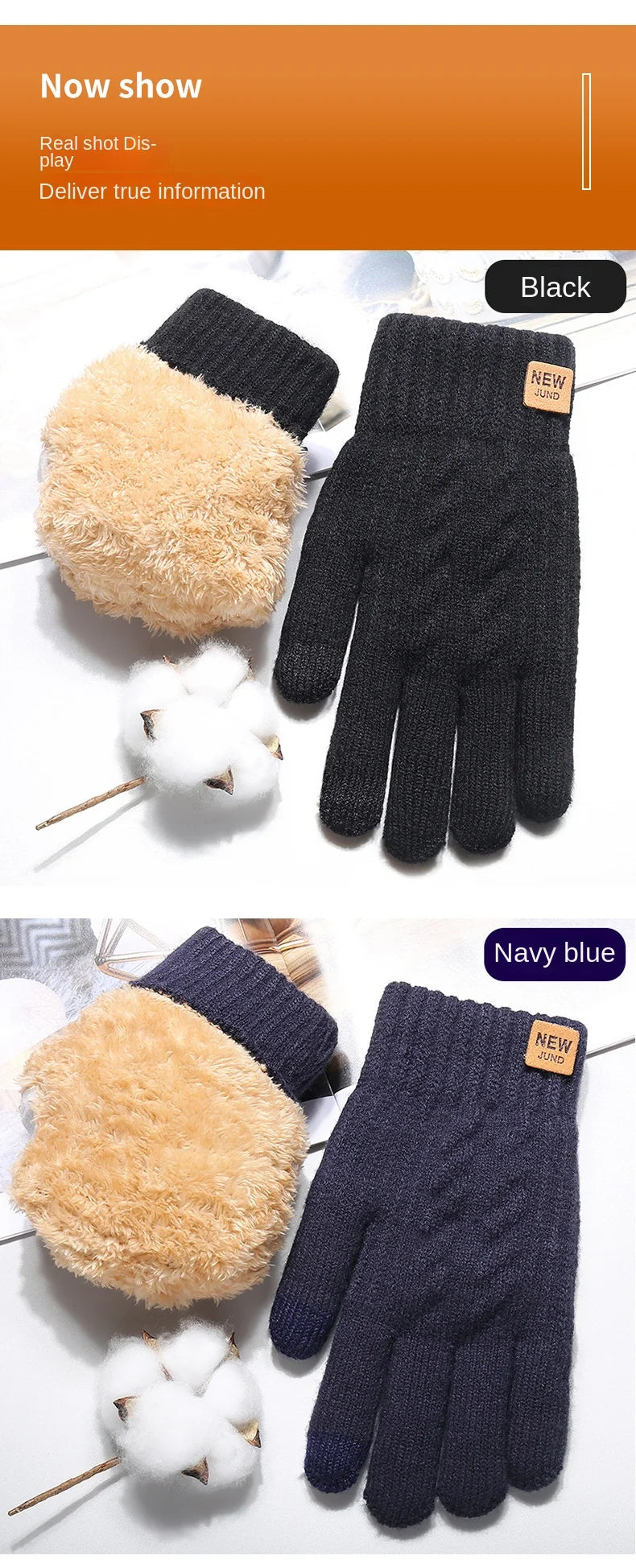 Wholesale Fleece Lined Fashion Warm Black Cable Knitted Winter Touch Screen Gloves