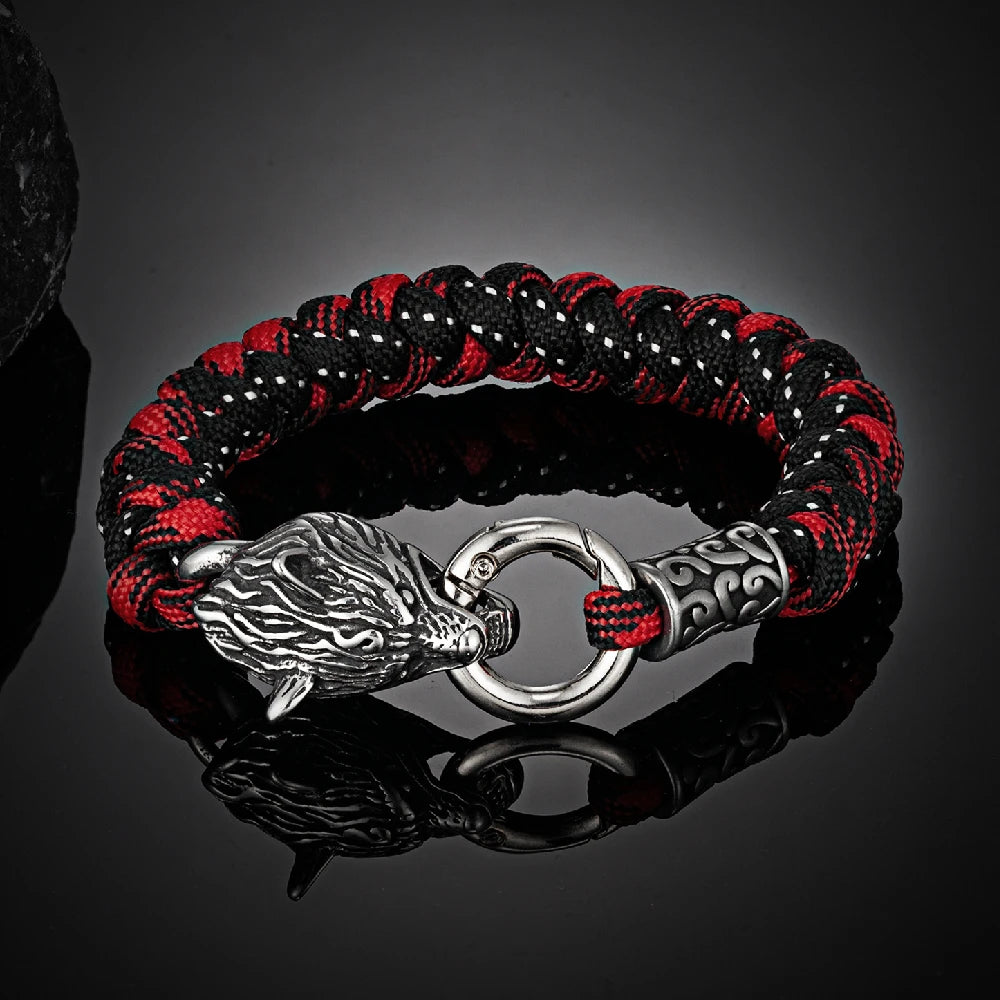 Retro Norse Odin's Wolf Survival Bracelets Men Viking Geri&Freki Stainless Steel Paracord Rope Bangles Handmade Outdoor Jewelry