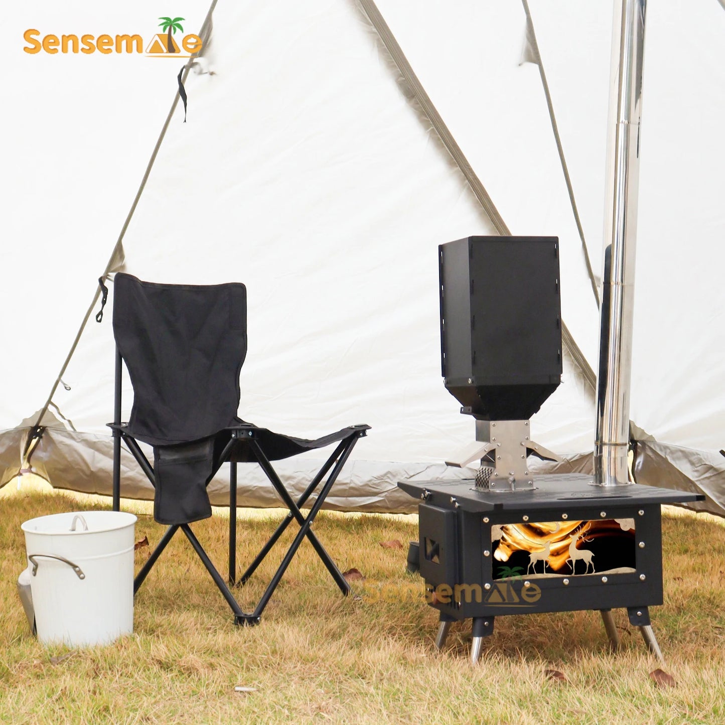 Wood Stove Camping Portable Fire Wood Heater Folding Tent Stove with Pellet Burner Stainless Chimney Outdoor Cooking Heating