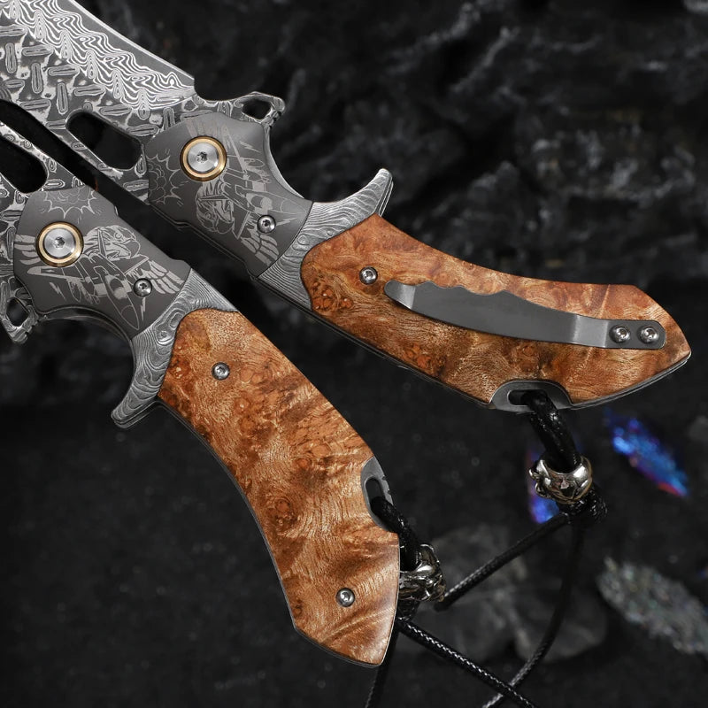 Handmade Damascus Steel Folding Pocket Knife, Men's EDC Pocket Knife with Sheath, Camping Hunting Outdoor Survival Knife