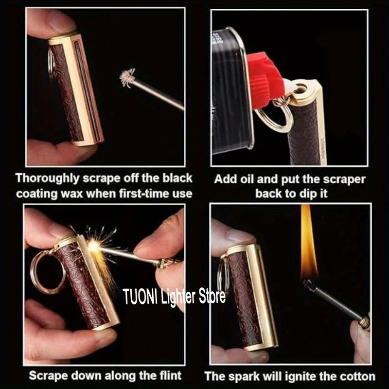 Flint Fire Starter Keychain - Metal Matchstick Lighter with Permanent Open Flame, No Oil Needed, Portable Keychain for Outdoor