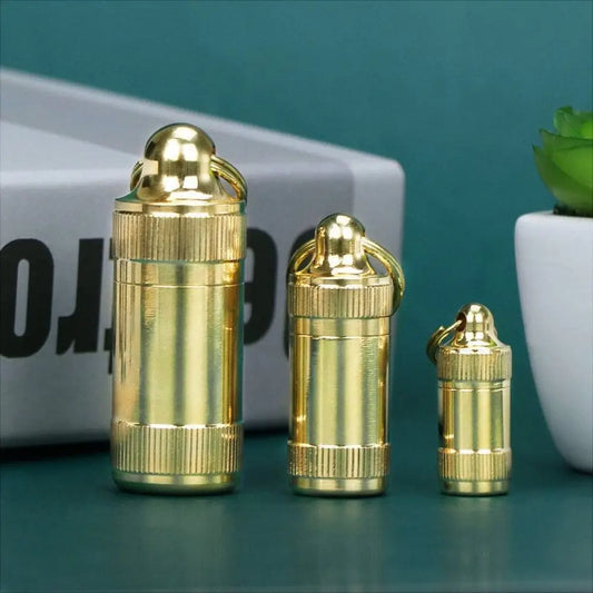 Outdoor Adventure Brass Pill Case - Waterproof Keychain Pill Container (Portable for Hiking/Camping)