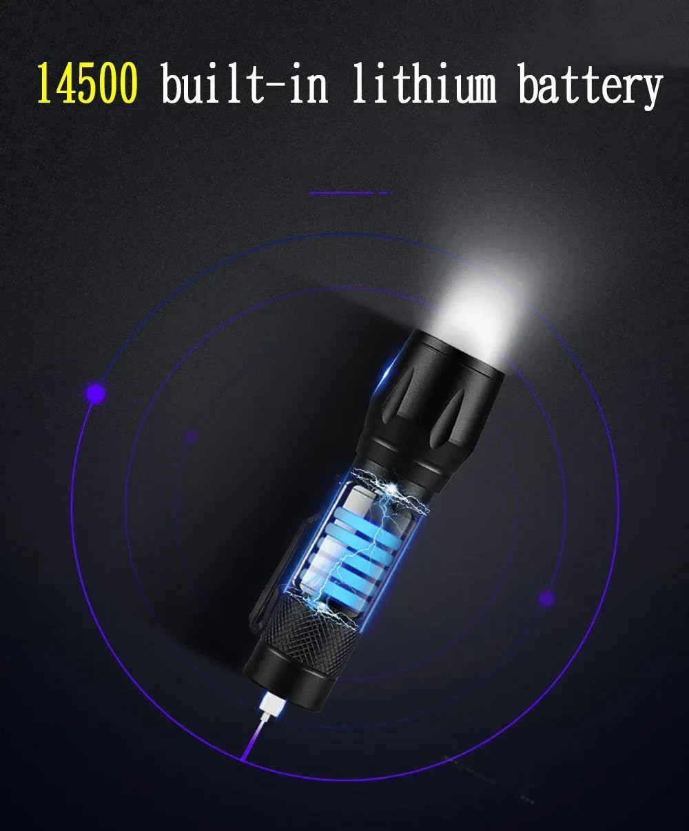 Portable Rechargeable LED Flashlight with Pen Clip Zoomable Waterproof Torch with Side Light Outdoor Camping Emergency Lantern