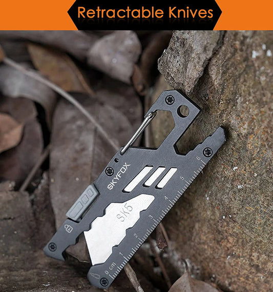 7in1 EDC Multitool Utility Knife Carabiner Keychain for Office Camping Box Cutter Bottle Opener Adjustable Wrench Ruler 5 Blades