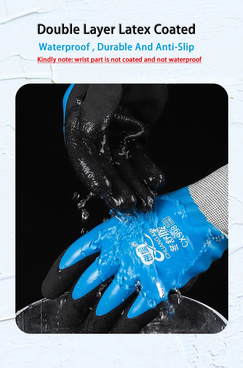 1Pair Winter Waterproof Work Safety Thermal Gloves Anti-Slip Grip Rubber Garden Gloves For Worker Builder Hands Protection