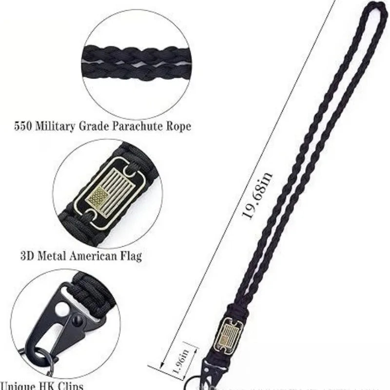 Outdoor Paracord Necklace, Camping Paracord Woven Phone Strap with Carabiner Keychain for Survival