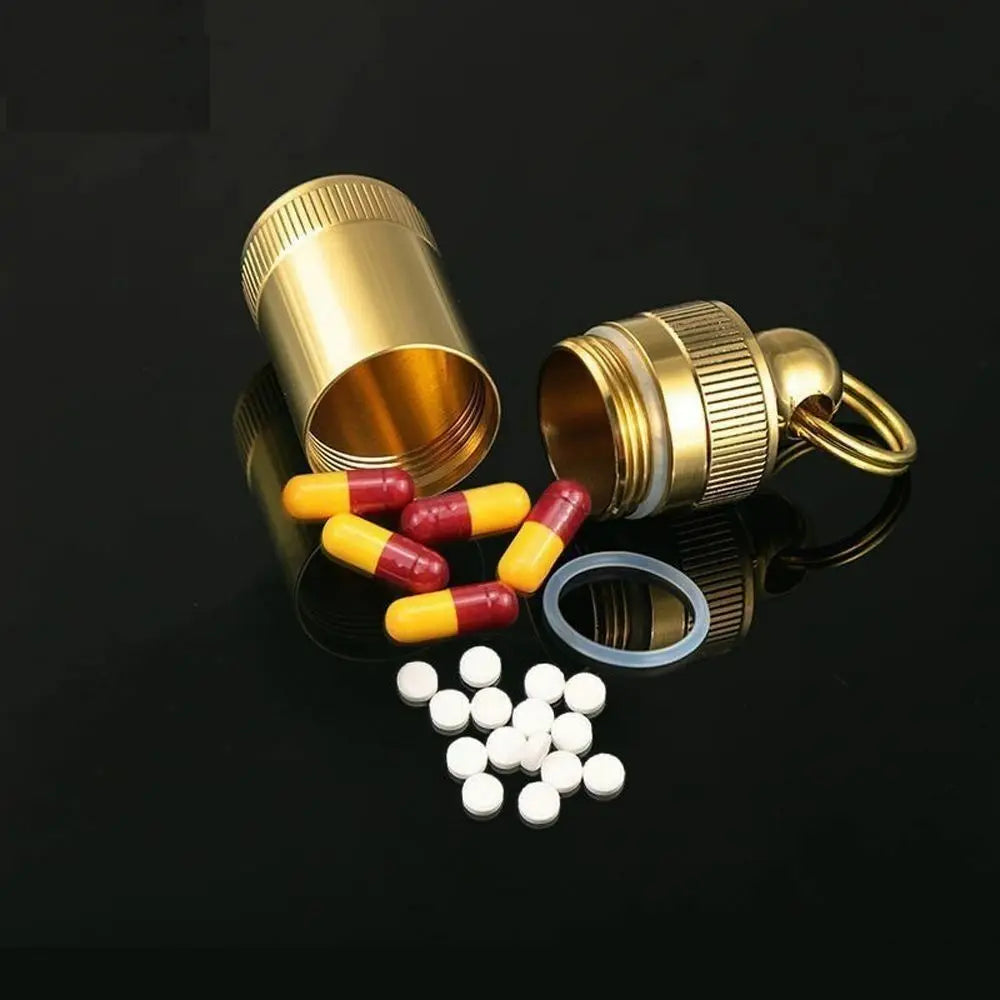Outdoor Adventure Brass Pill Case - Waterproof Keychain Pill Container (Portable for Hiking/Camping)