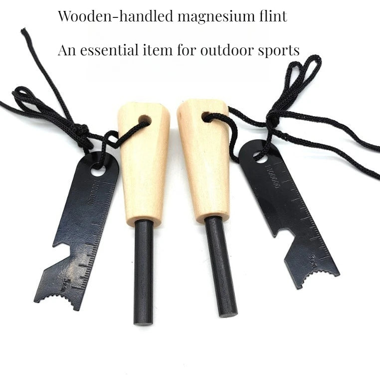 Outdoor Survival Flint Fire Starter with Wood Handle, Multi-Tool Magnesium Rod - Luminous Waterproof Camping Fire Stick