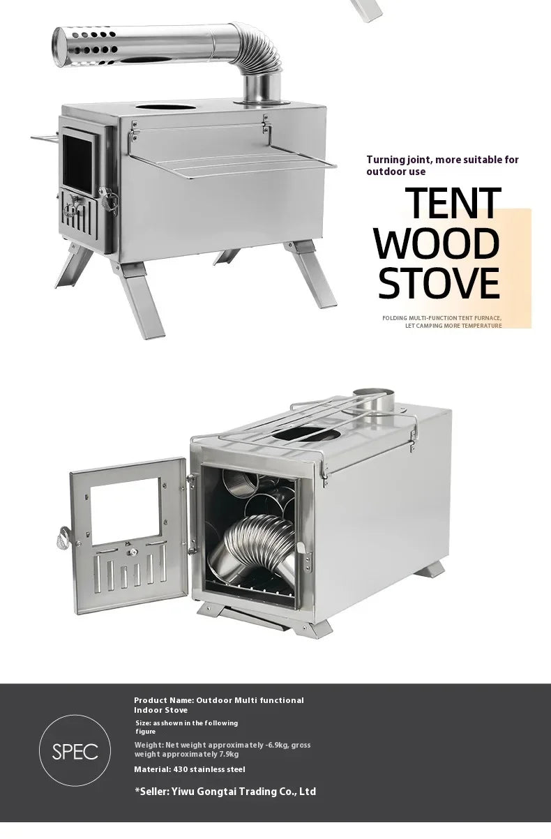 MOUNTAINHIKER Wood-burning Stove Outdoor Camping Firewood Burner Stainless Steel Foldable Tent Heater with Tent Patio Fireplace