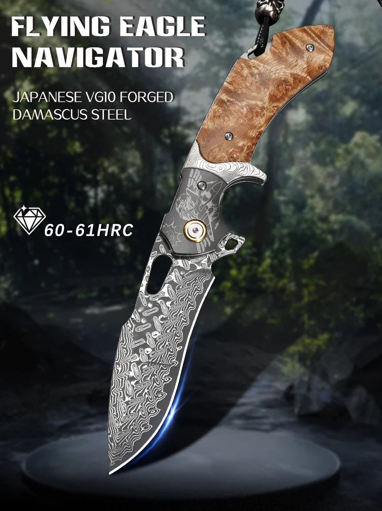 Handmade Damascus Steel Folding Pocket Knife, Men's EDC Pocket Knife with Sheath, Camping Hunting Outdoor Survival Knife