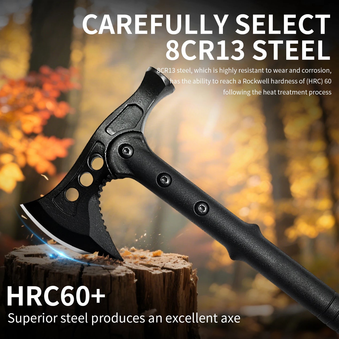 A multi-functional tactical hunting hatchet, which is also an outdoor camping and survival travel axe, and a hammer tool.