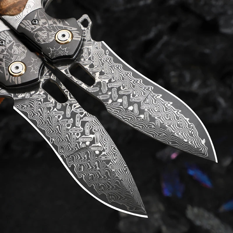 Handmade Damascus Steel Folding Pocket Knife, Men's EDC Pocket Knife with Sheath, Camping Hunting Outdoor Survival Knife
