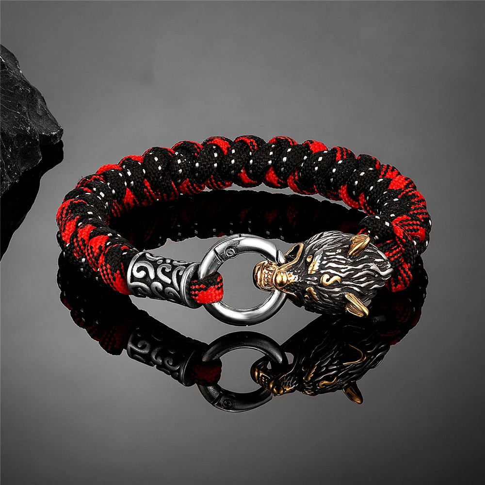 Retro Norse Odin's Wolf Survival Bracelets Men Viking Geri&Freki Stainless Steel Paracord Rope Bangles Handmade Outdoor Jewelry