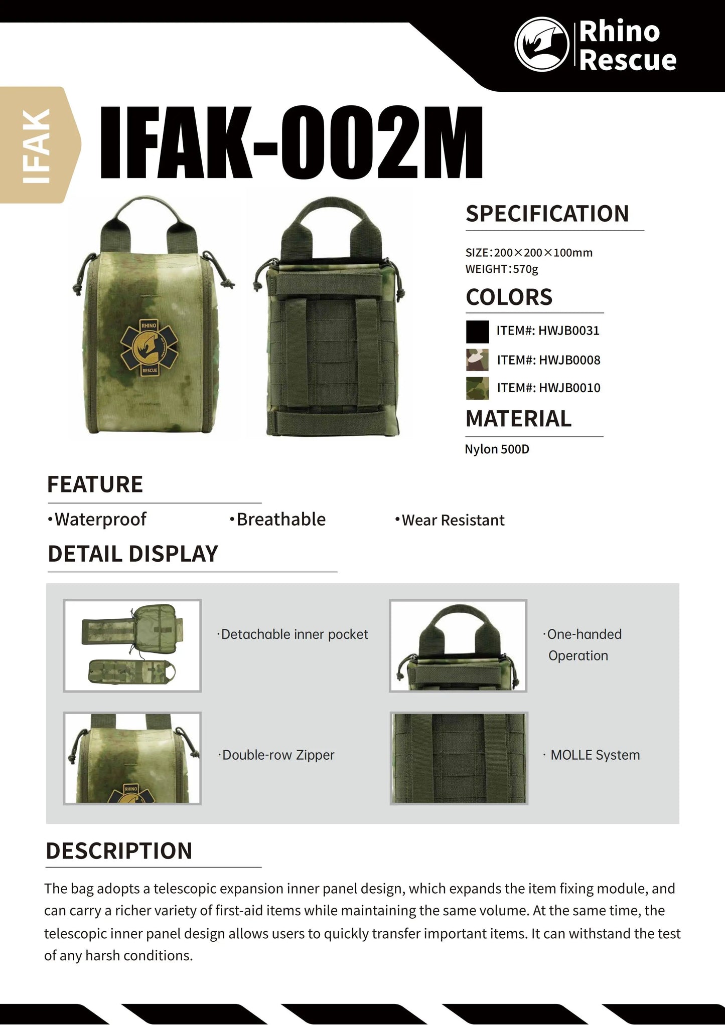 Rhino Rescue 002M First Aid Kit Camping IFAK Pouch With Molle,Survival Pouch For Camping Hiking And Fishing Outdoor Hiking  Kit