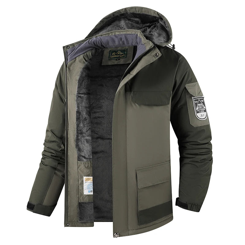 Big&Tall Outdoor Jacket Men Plus Size Fleece Lined Hooded Coat Waterproof Winter Man Parkas Loose Plus Size Coat Hiking Outwear