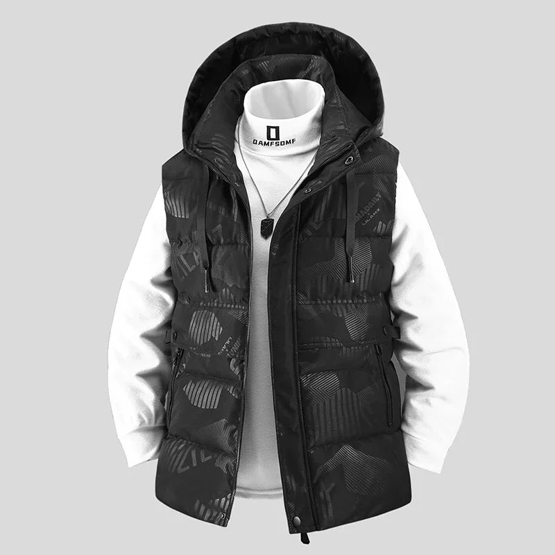 Outdoor Mens Trendy Detachable Hooded Vest Warm Down Cotton Vest Mens Winter Fashion Coat Workwear Vest Coat Thickened Waistcoat