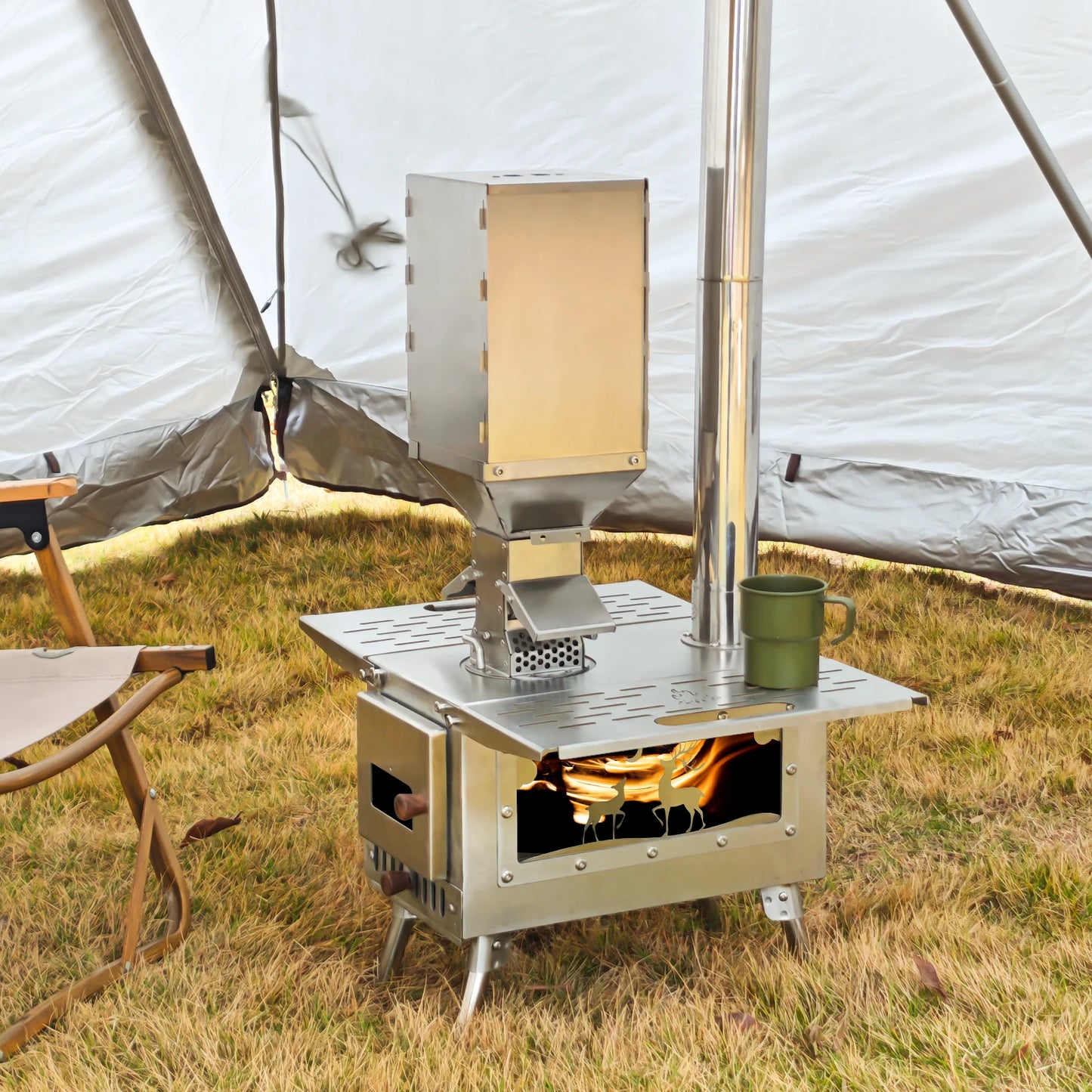 Wood Stove Camping Portable Fire Wood Heater Folding Tent Stove with Pellet Burner Stainless Chimney Outdoor Cooking Heating