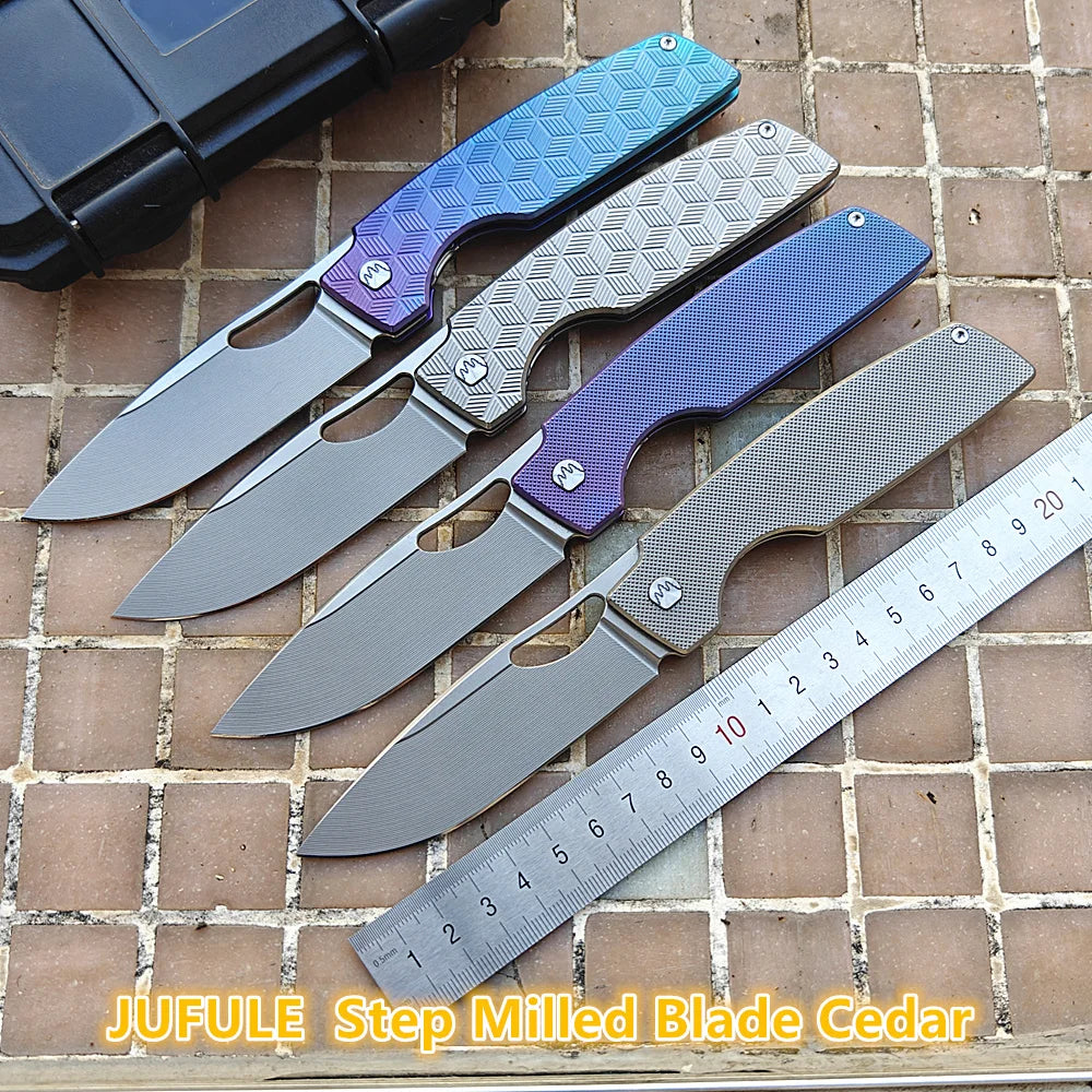 JUFULE New Cedar Step Milled Blade Folding Knife Titanium Handle Ceramic Bearings 154CM Pocket Hunting Outdoor EDC Camping Tool