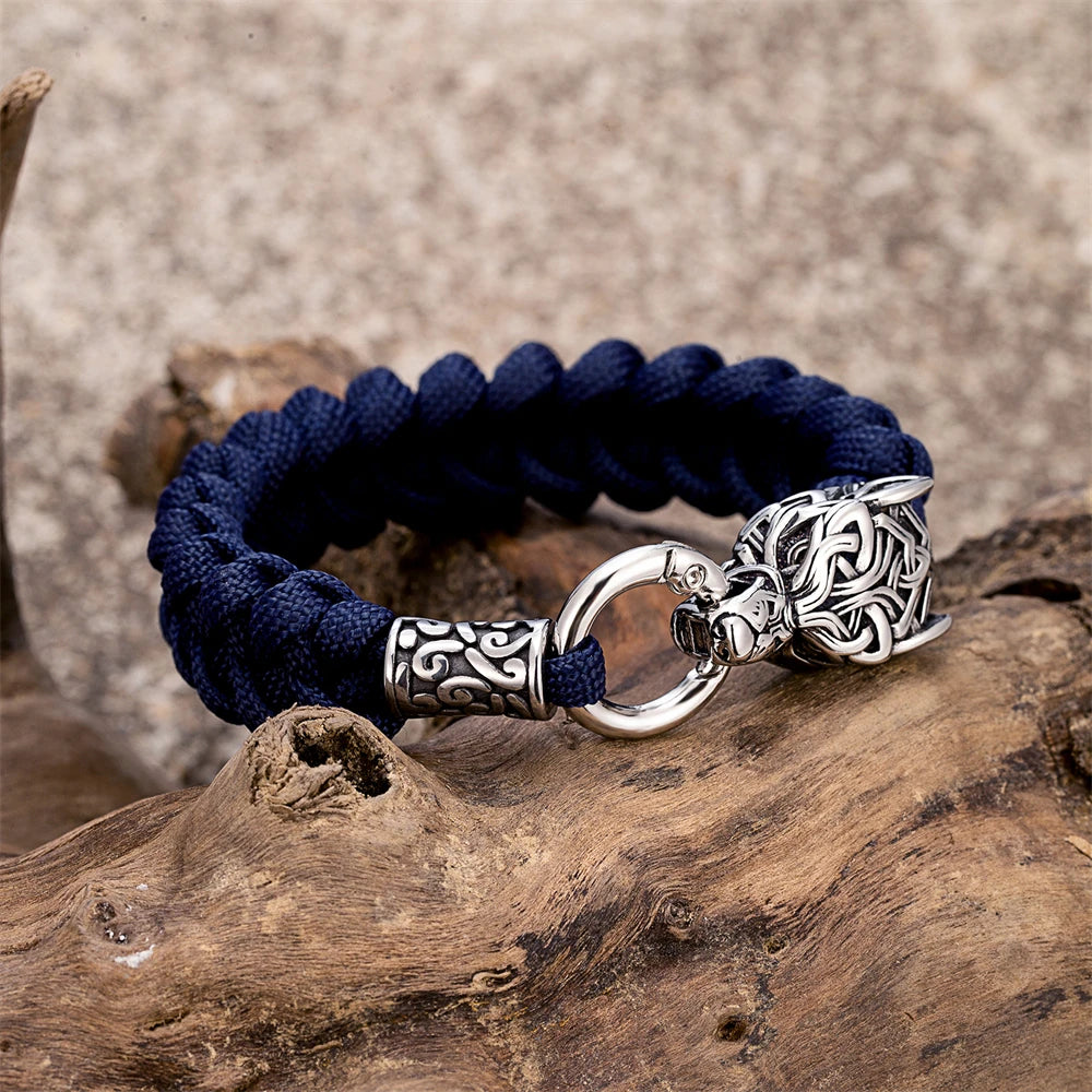 Punk Viking Wolf Head Metal Bangle Stainless Steel Norse Celtic Wolf Braided Paracord Rope Survival Bracelet Men Outdoor Jewelry