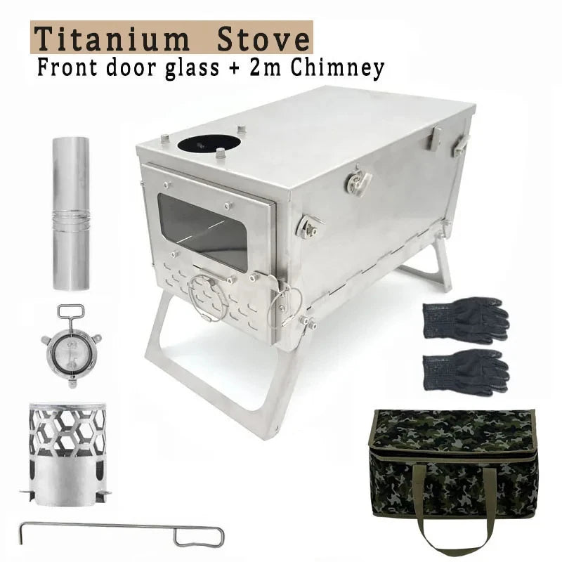 Tryhomy 1mm Titanium Wood Stove Folding Ultralight Camping Stove Brazier Portable Tent Fire Wood Heater Burner with Accessories