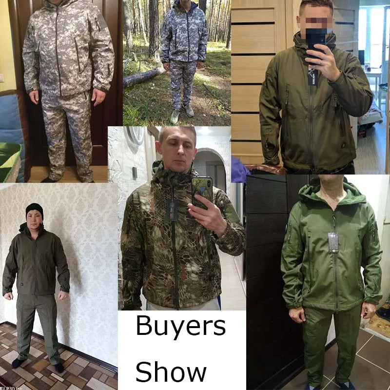 Tactical Waterproof Men Camo Set Soft Shell Fleece Winter Combat Suit Windbreak Warm Multi Pocket Outdoors Training Uniform
