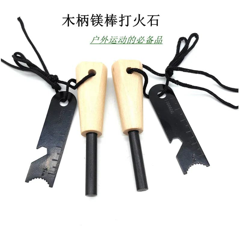 Outdoor Survival Flint Fire Starter with Wood Handle, Multi-Tool Magnesium Rod - Luminous Waterproof Camping Fire Stick
