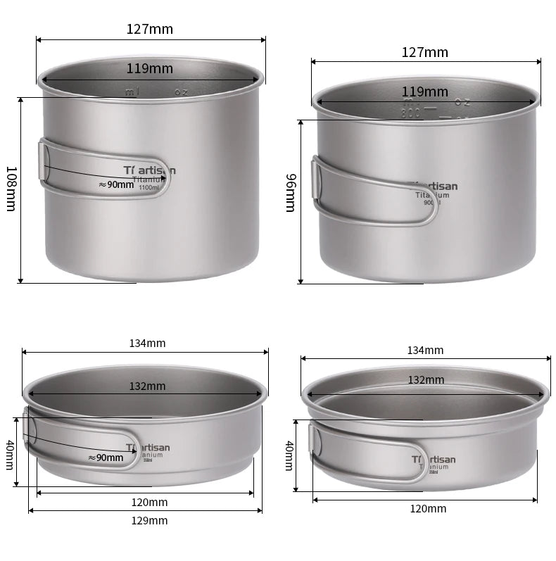 Tiartisan Titanium Folding Handle Camping Pot Frying Pan Set  Lightweight Portable Cookware Equipment For Outdoor Hiking Picnic