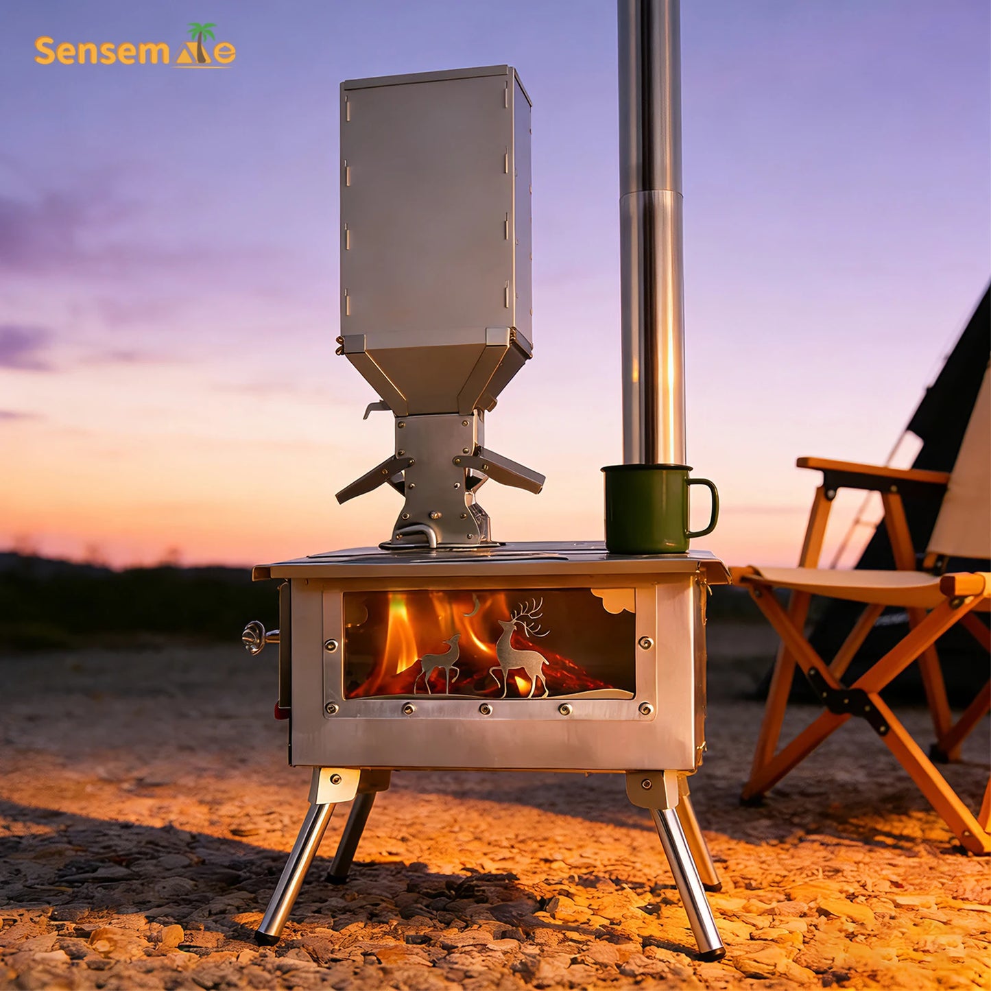 Wood Stove Camping Portable Fire Wood Heater Folding Tent Stove with Pellet Burner Stainless Chimney Outdoor Cooking Heating